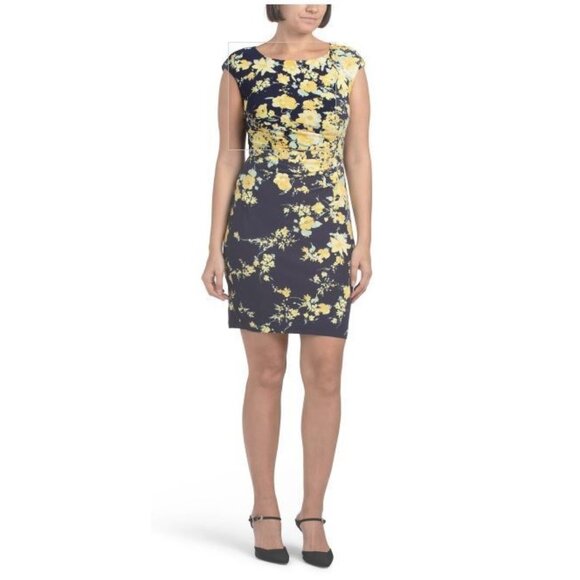 Anne Klein Womens Blue Yellow Floral Boat Neck Side Pleat Sheath Dress Sz 10 New - Picture 1 of 8